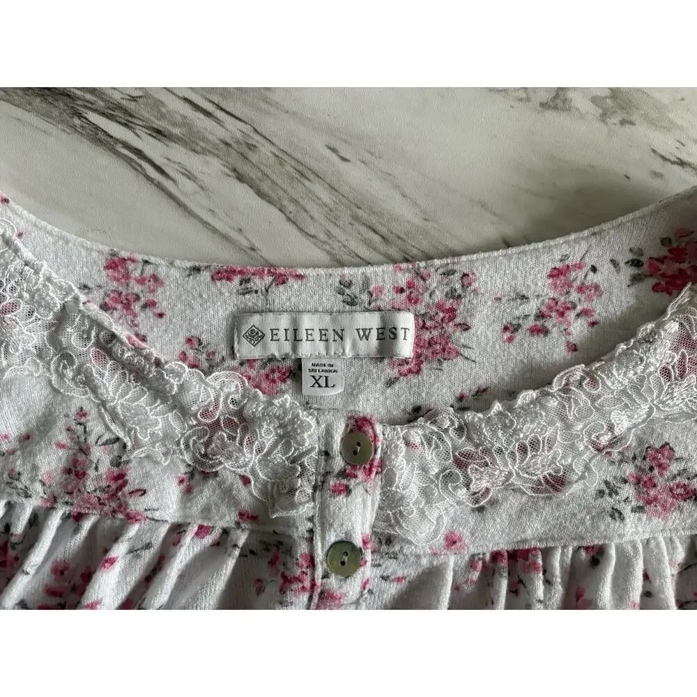 Eileen West Long Sleeve Floral Chemise Nightgown XL Pink Lace Cottage Trad Wife